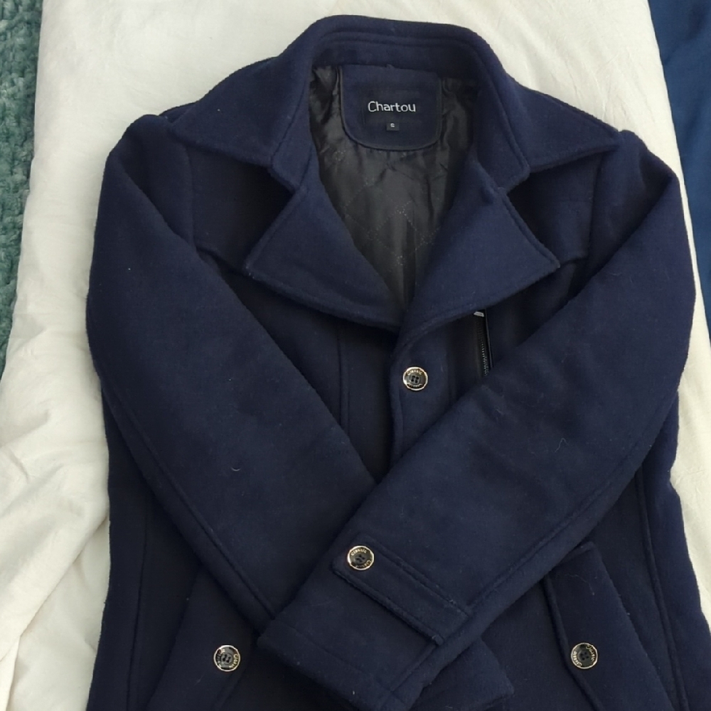 Navy Blue Pea Coat with Structured Style and Notched Lapel